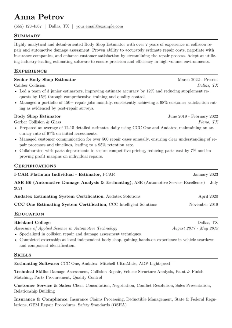 Body Shop Estimator Resume Example preview