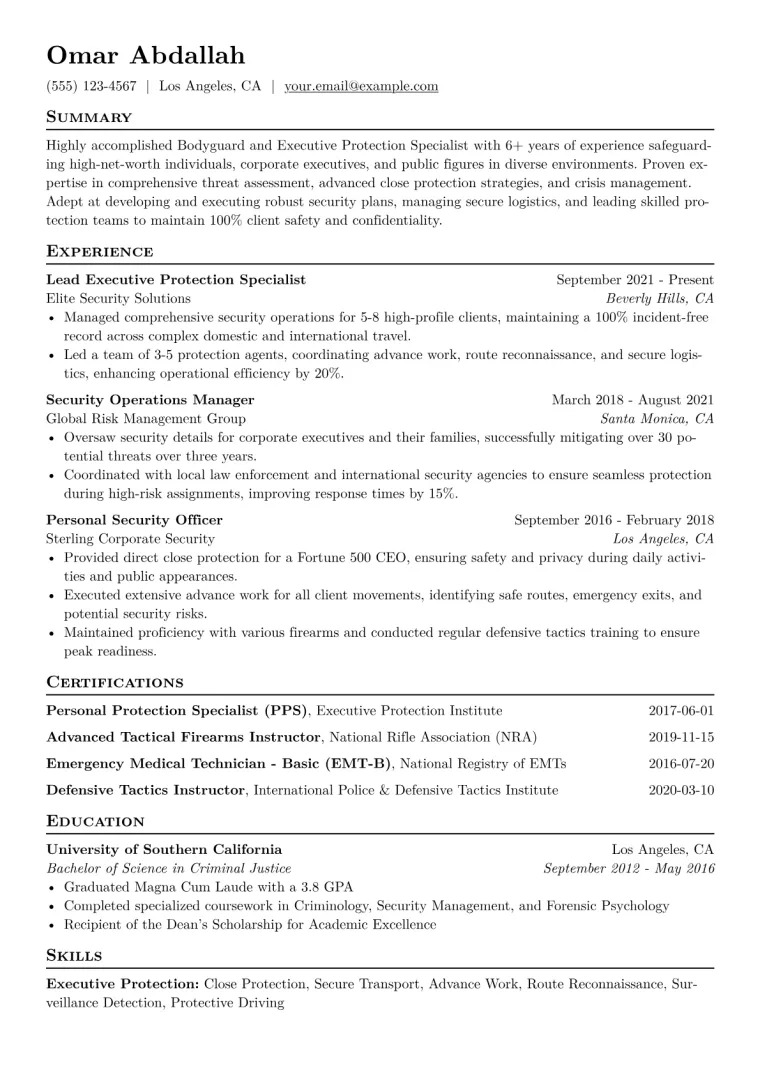 Bodyguard Resume Example CV template preview