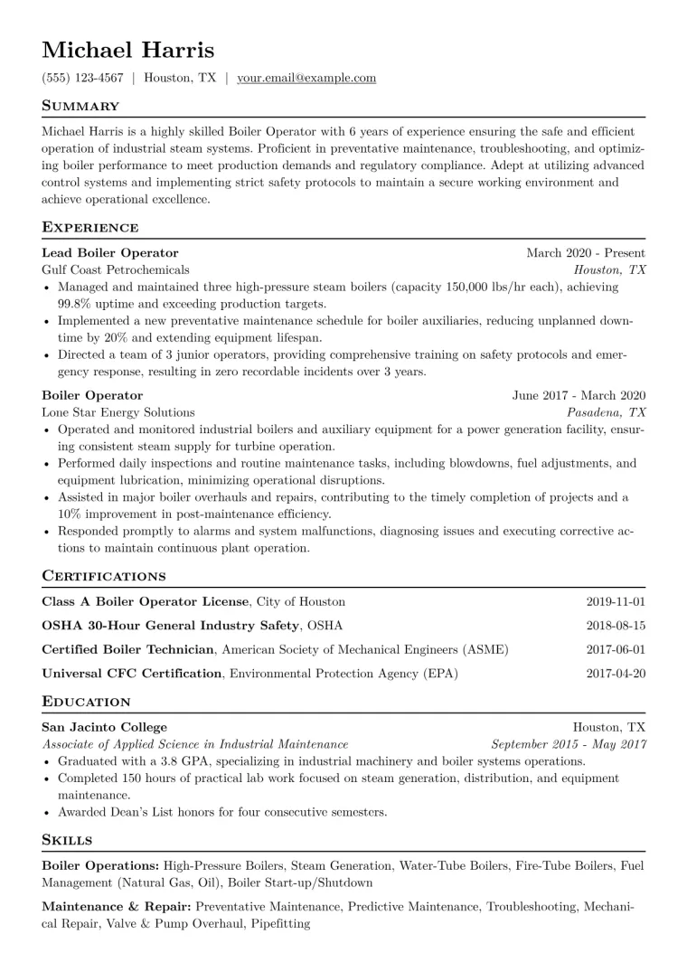 Boiler Operator Resume Example CV template preview