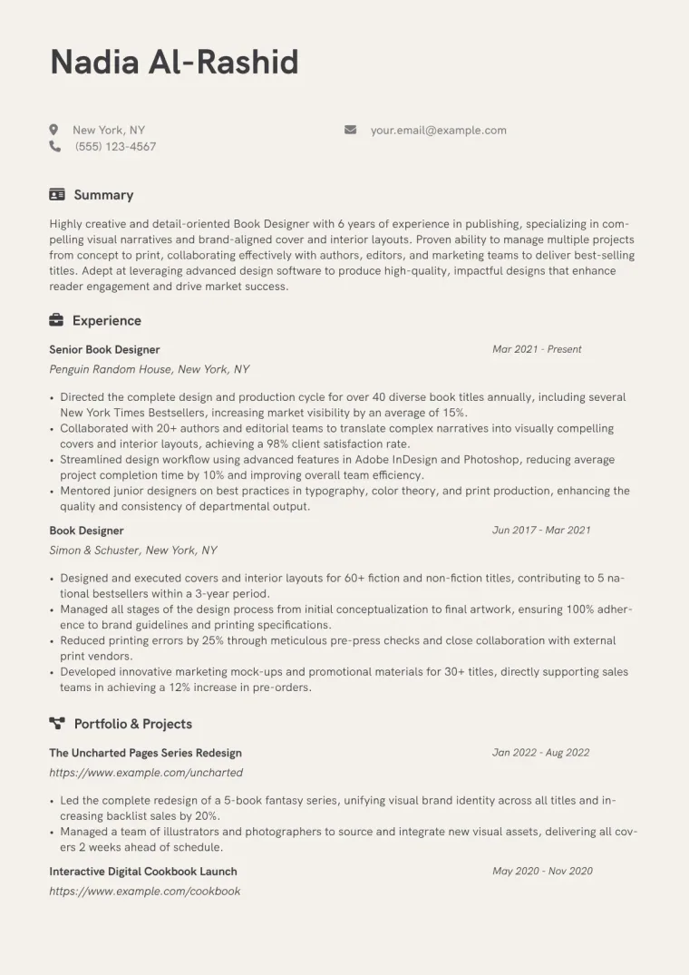 Book Designer Resume Example CV template preview