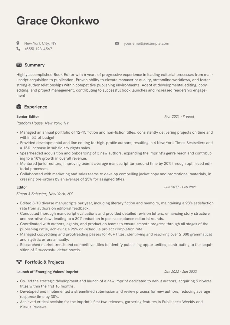 Book Editor Resume Example CV template preview