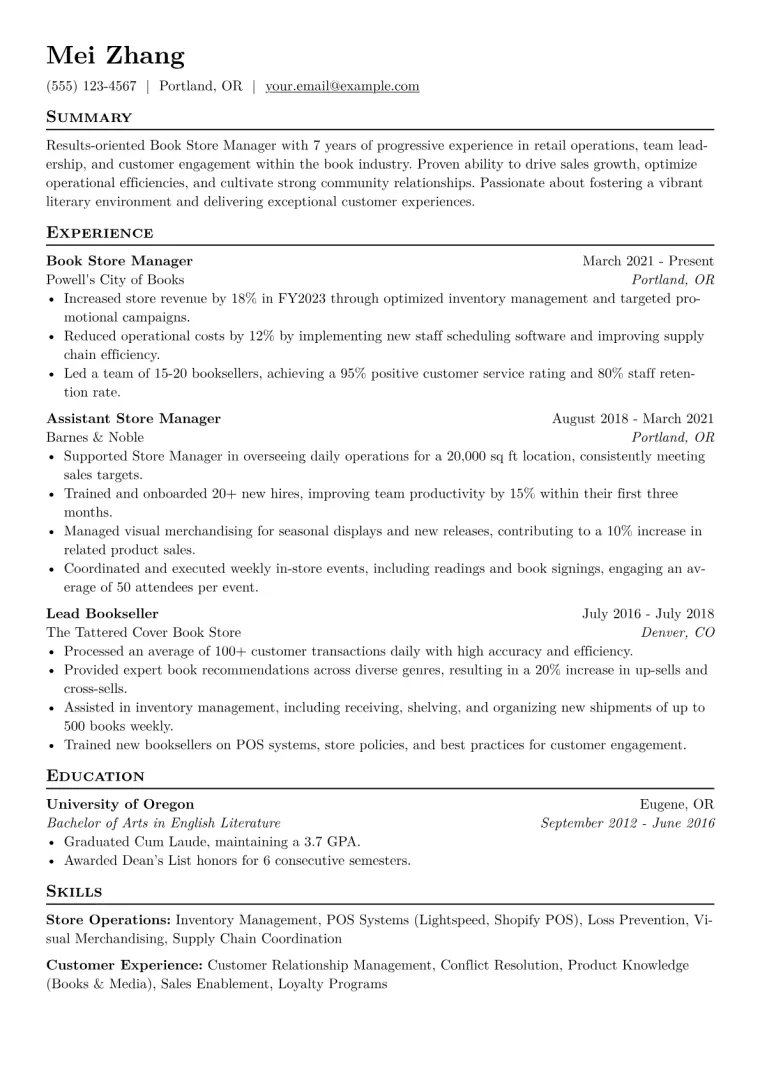 Book Store Manager Resume Example CV template preview