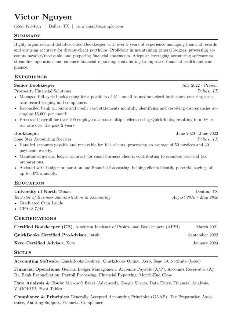 Bookkeeping Resume Example CV template preview
