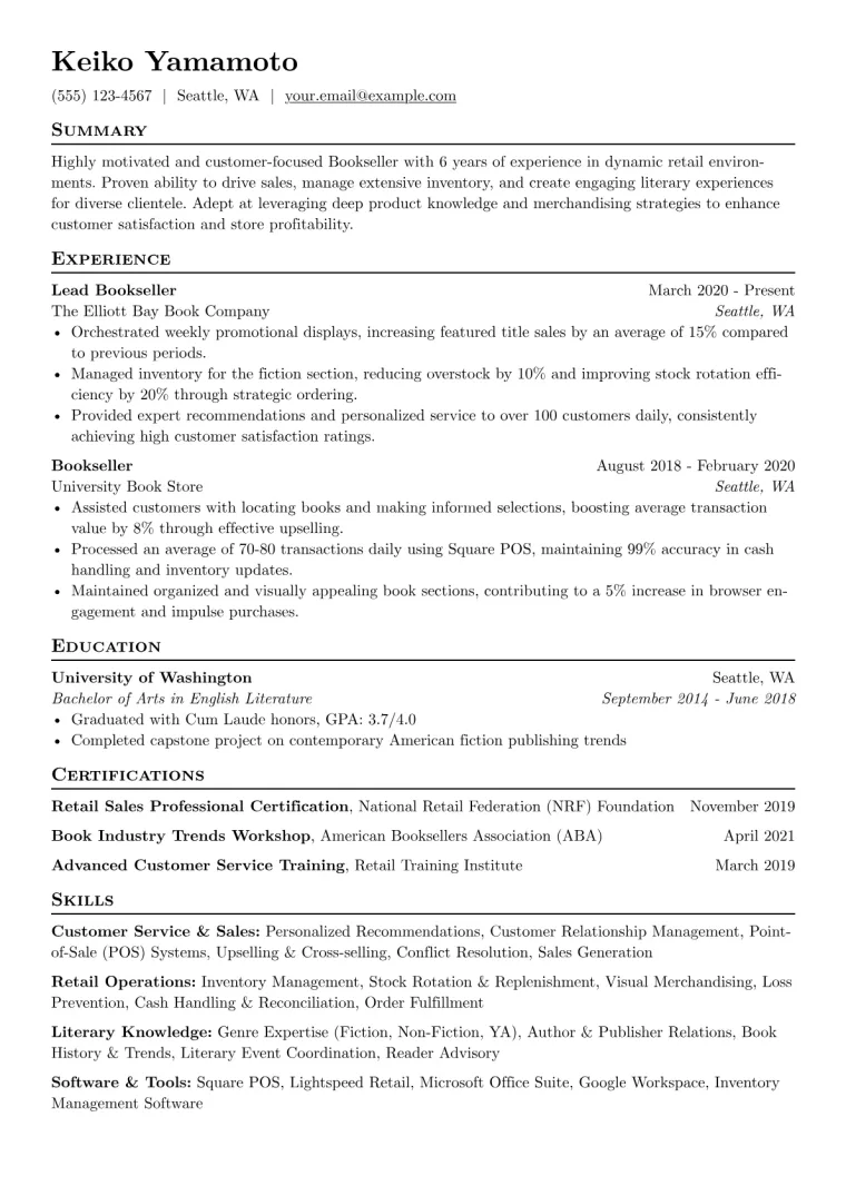 Bookseller Resume Example CV template preview