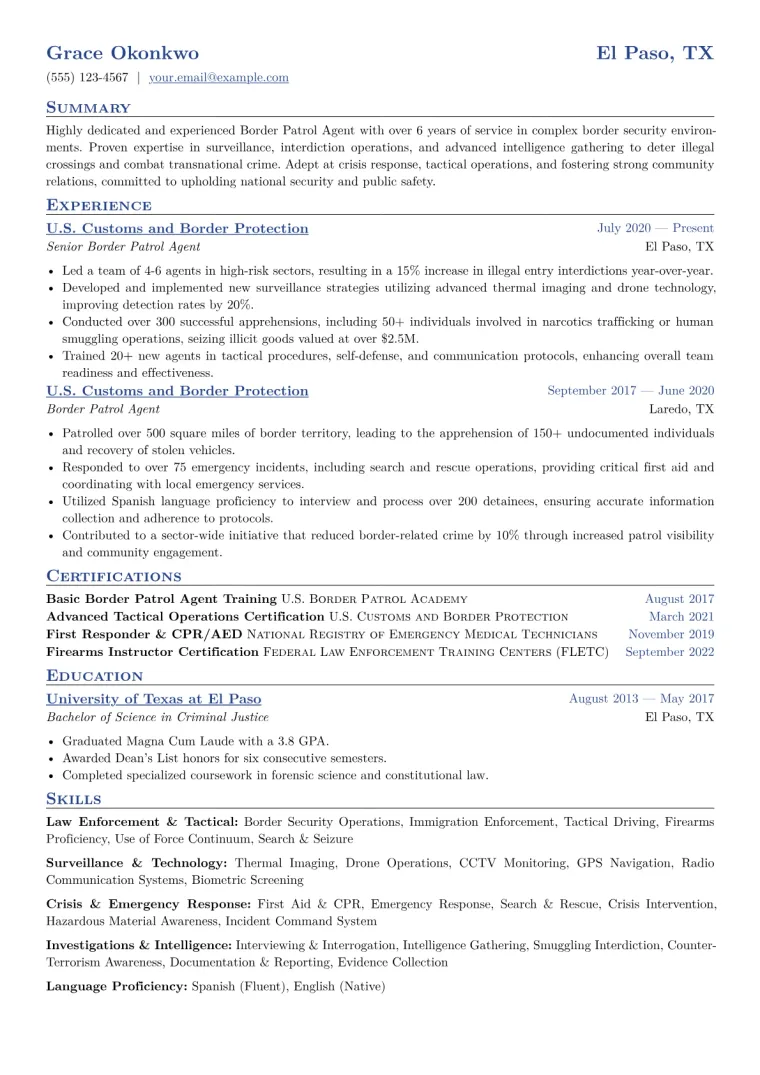 Border Patrol Agent Resume Example CV template preview