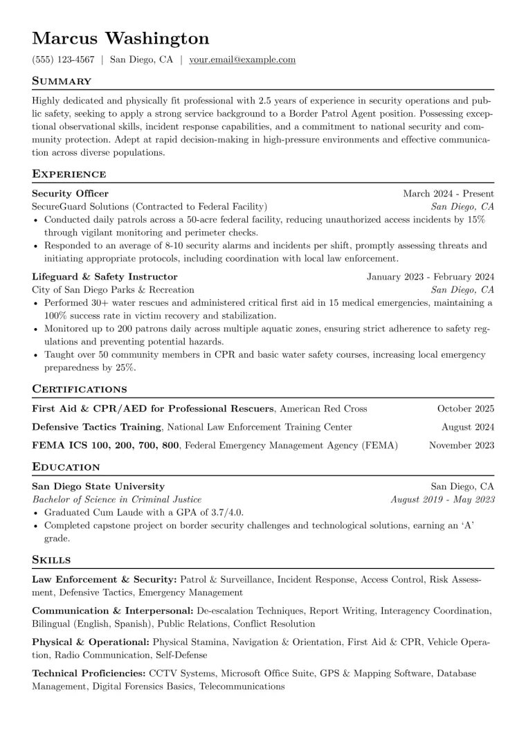 Border Patrol Resume Example CV template preview