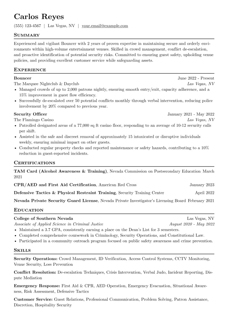 Bouncer Resume Example CV template preview