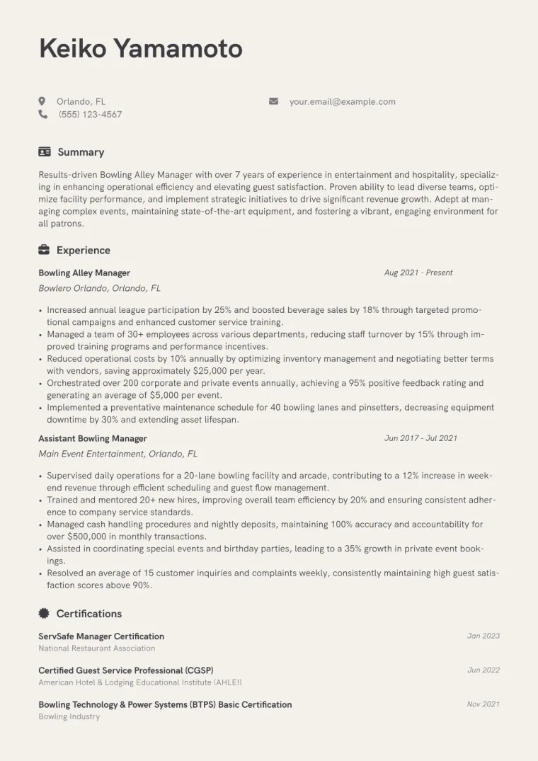 Bowling Alley Manager Resume Example CV template preview