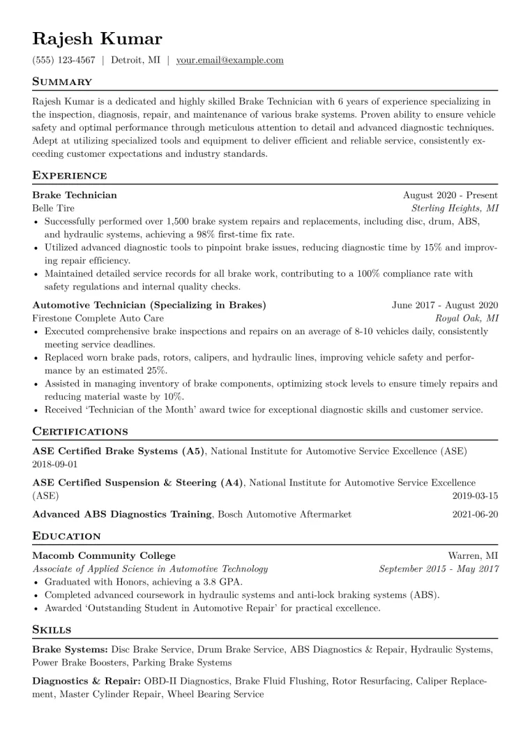 Brake Technician Resume Example CV template preview
