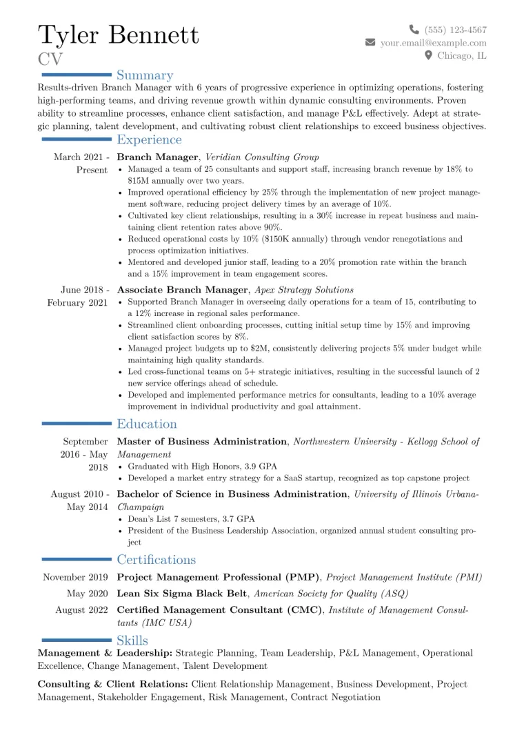 Branch Manager Resume Example CV template preview
