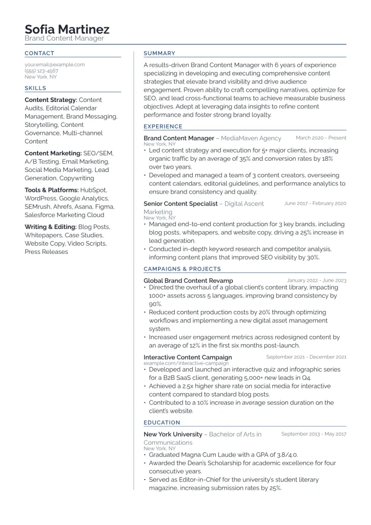 Brand Content Manager Resume Example CV template preview
