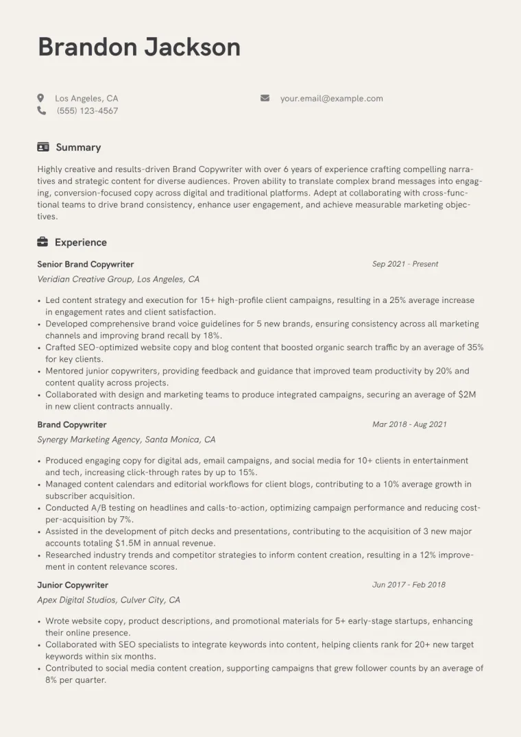 Brand Copywriter Resume Example CV template preview