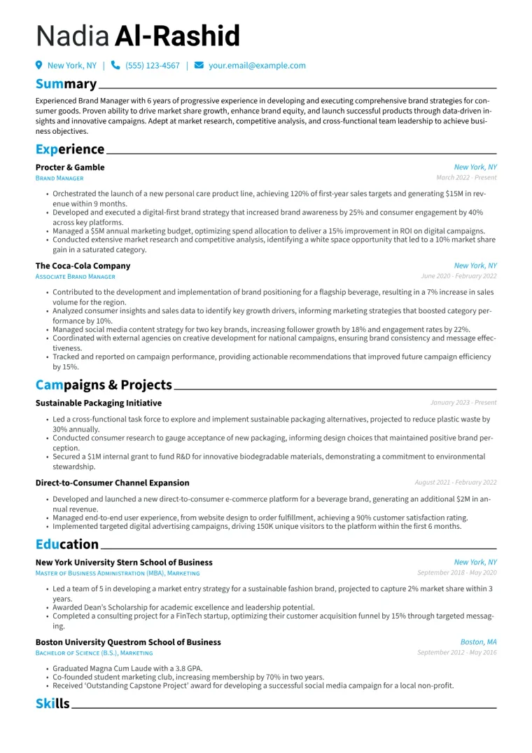 Brand Manager Resume Example CV template preview