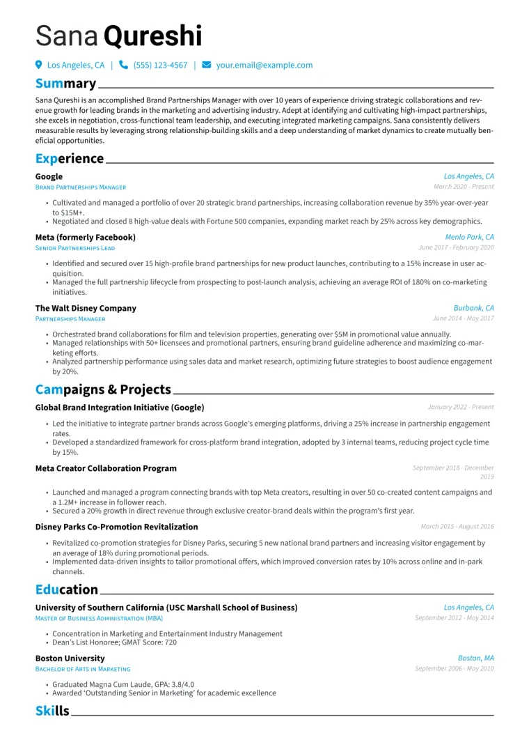 Brand Partnerships Manager Resume Example CV template preview