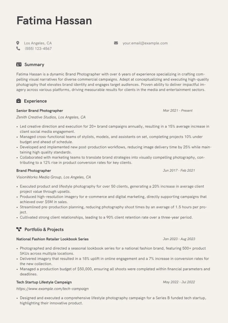 Brand Photographer Resume Example CV template preview