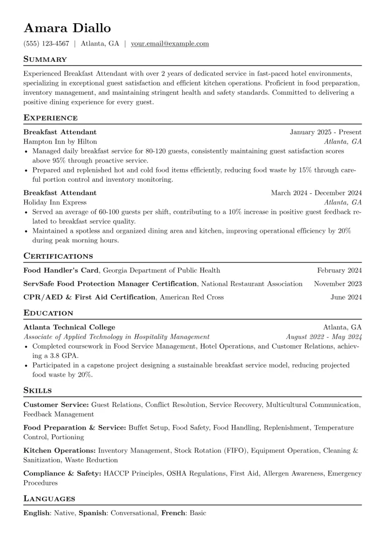 Breakfast Attendant Resume Example CV template preview