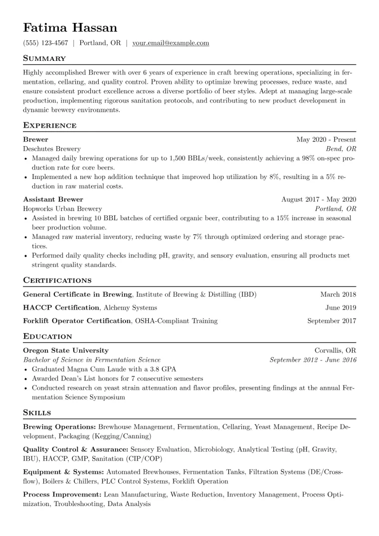 Brewer Resume Example CV template preview