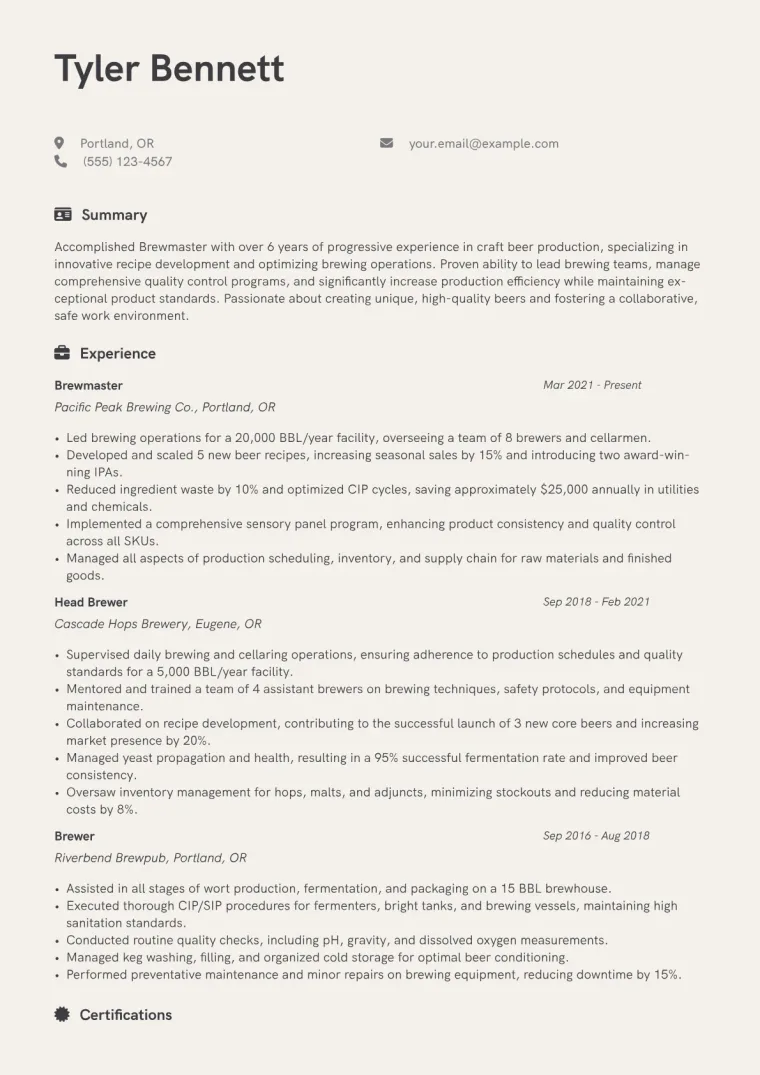 Brewmaster Resume Example CV template preview