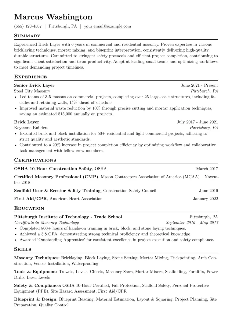 Brick Layer Resume Example CV template preview