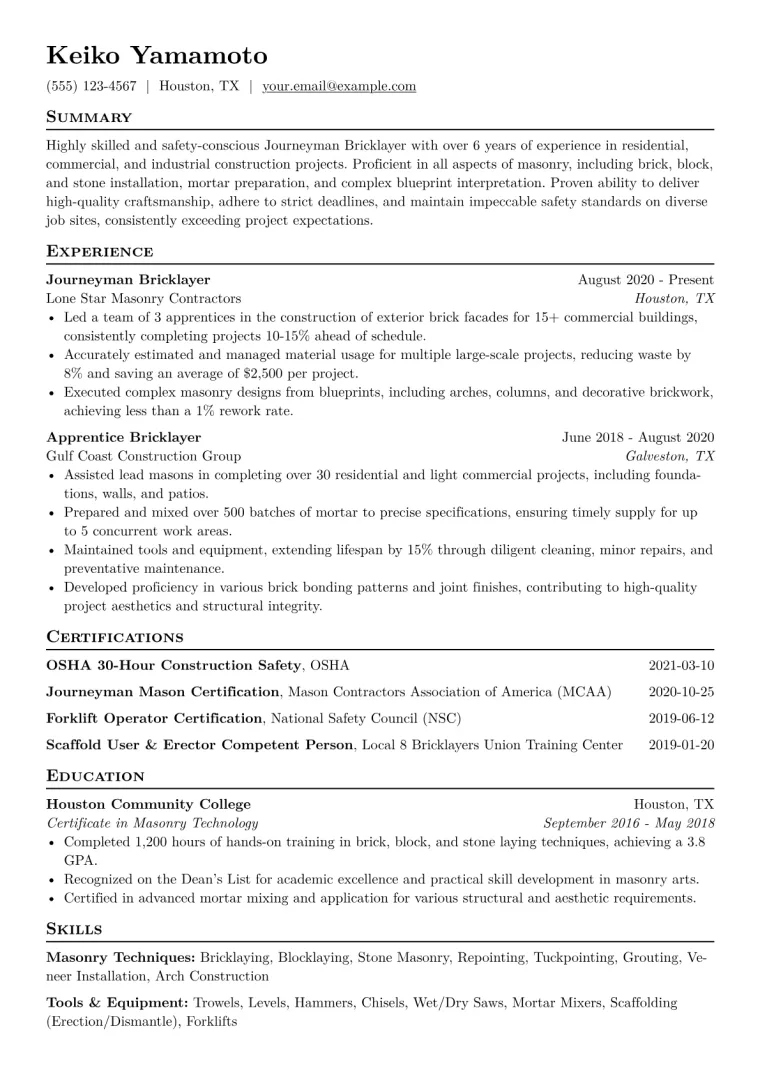Bricklayer Resume Example CV template preview
