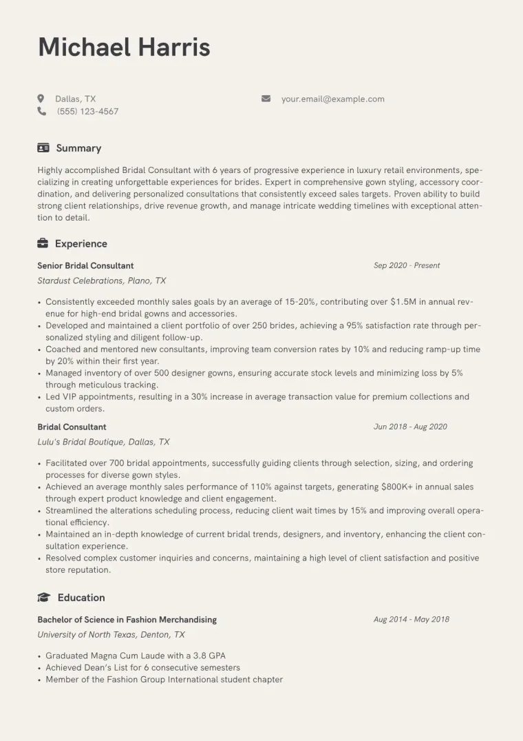 Bridal Consultant Resume Example