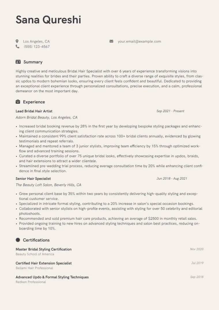 Bridal Hair Specialist Resume Example CV template preview