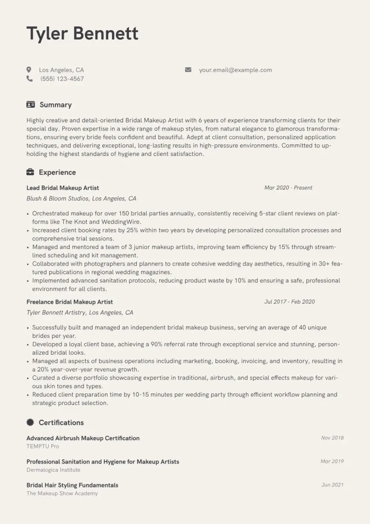 Bridal Makeup Artist Resume Example CV template preview