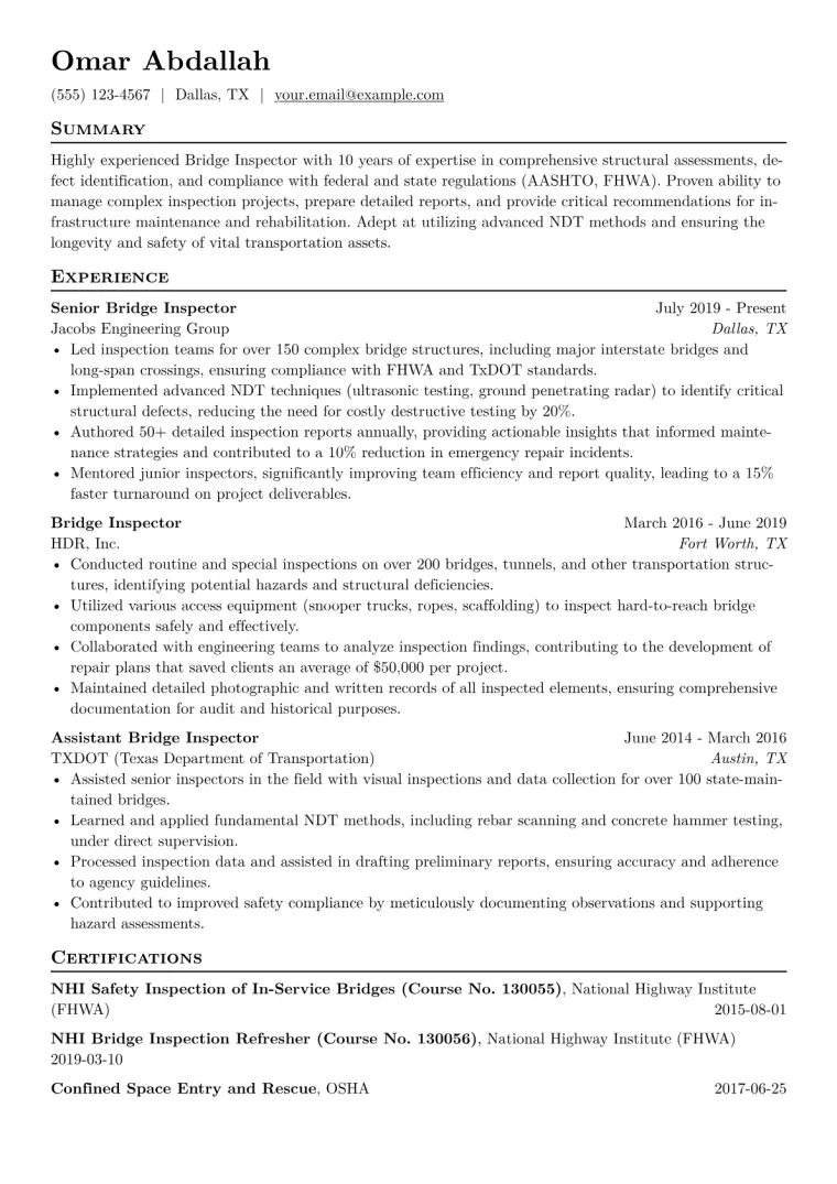 Bridge Inspector Resume Example CV template preview