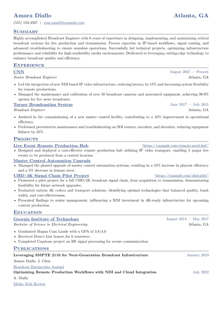 Broadcast Engineer Resume Example CV template preview