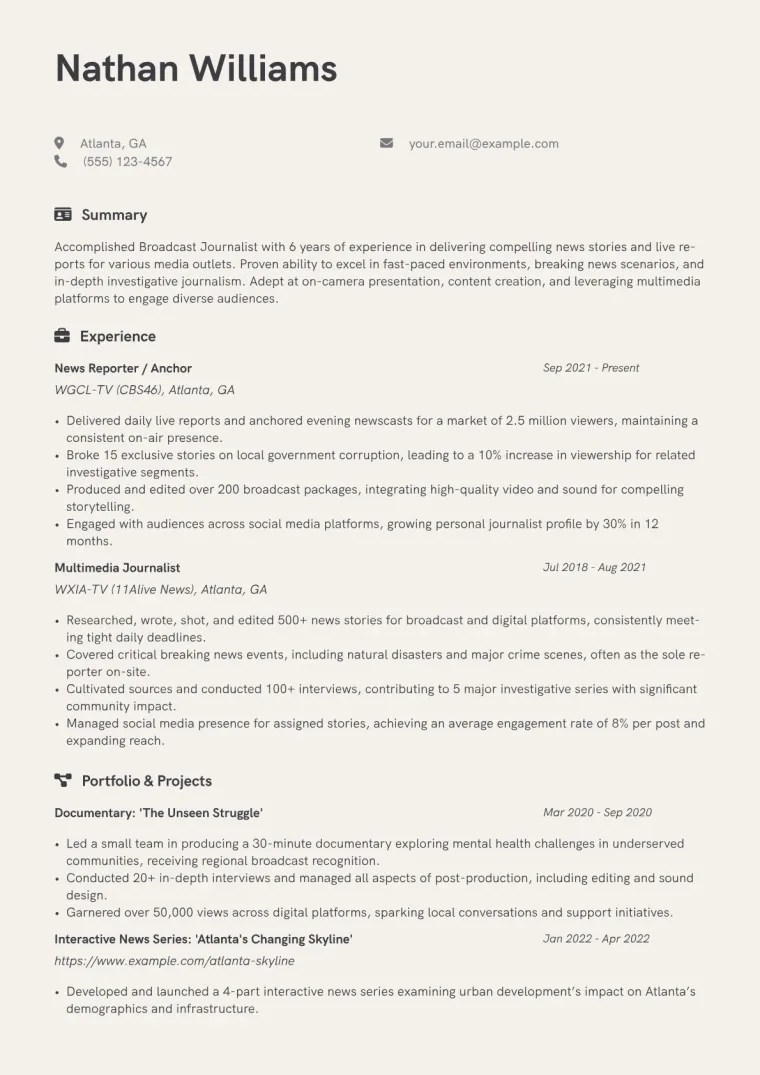 Broadcast Journalist Resume Example CV template preview