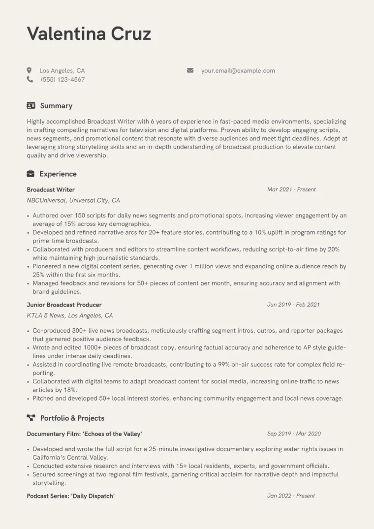 Broadcast Writer Resume Example CV template preview