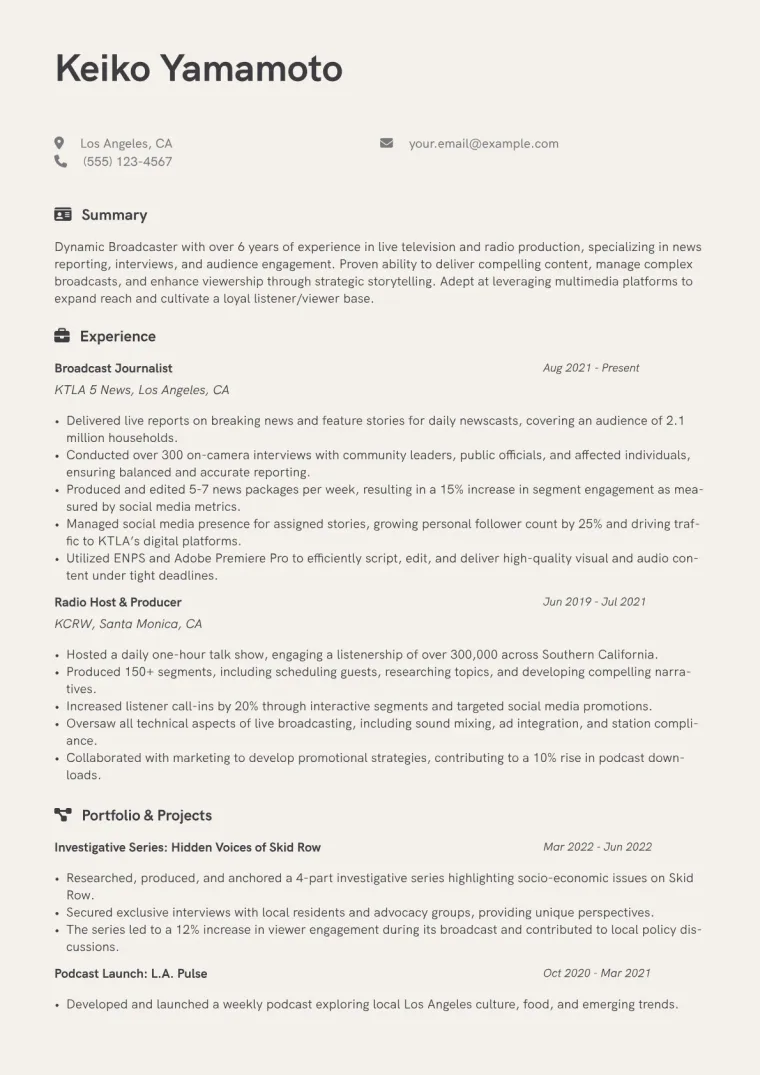 Broadcaster Resume Example CV template preview