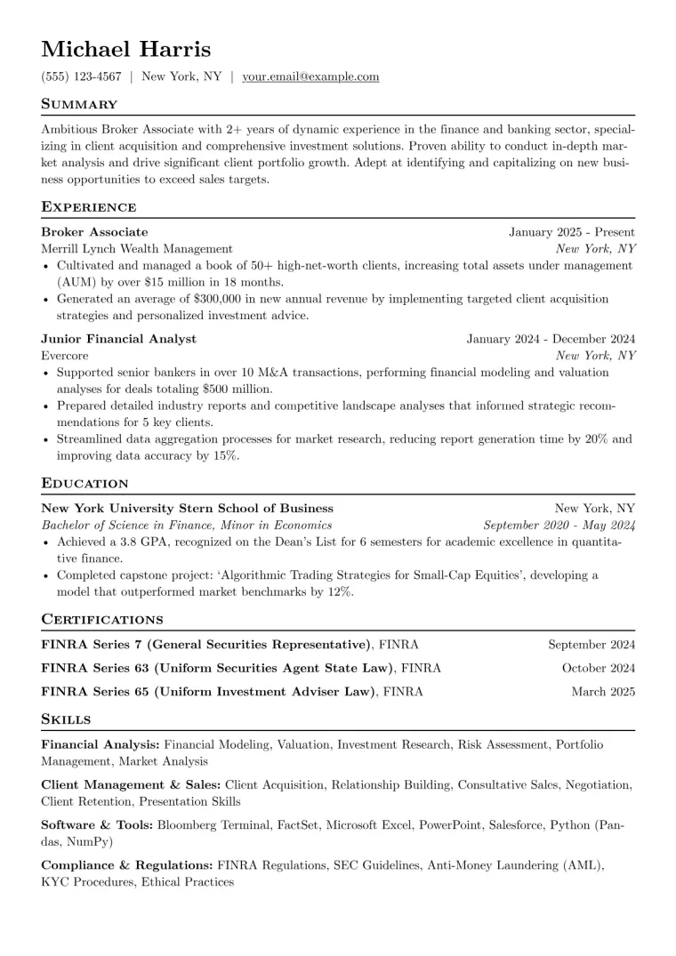 Broker Associate Resume Example CV template preview