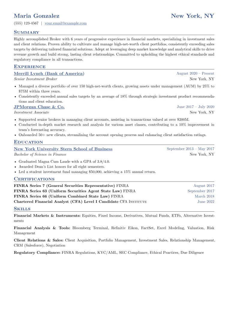Broker Resume Example CV template preview