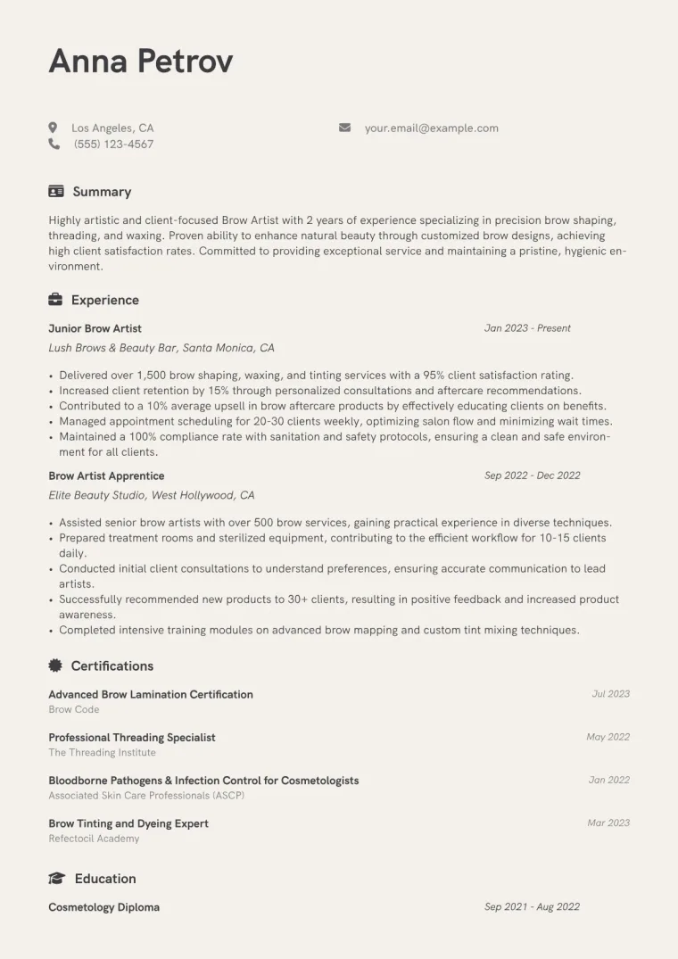 Brow Artist Resume Example CV template preview