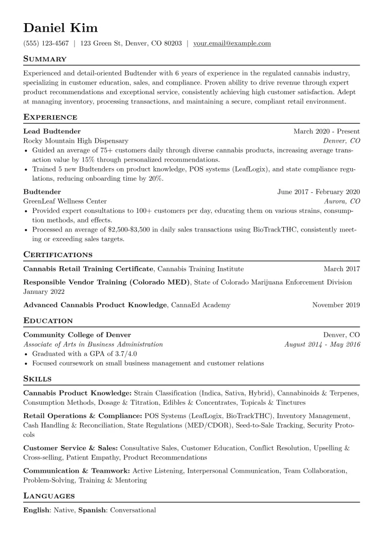 Budtender Resume Example CV template preview