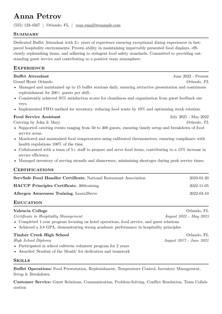 Buffet Attendant Resume Example CV template preview