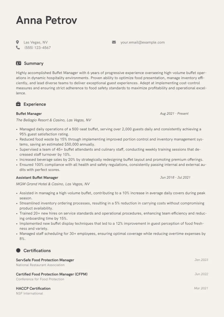 Buffet Manager Resume Example CV template preview