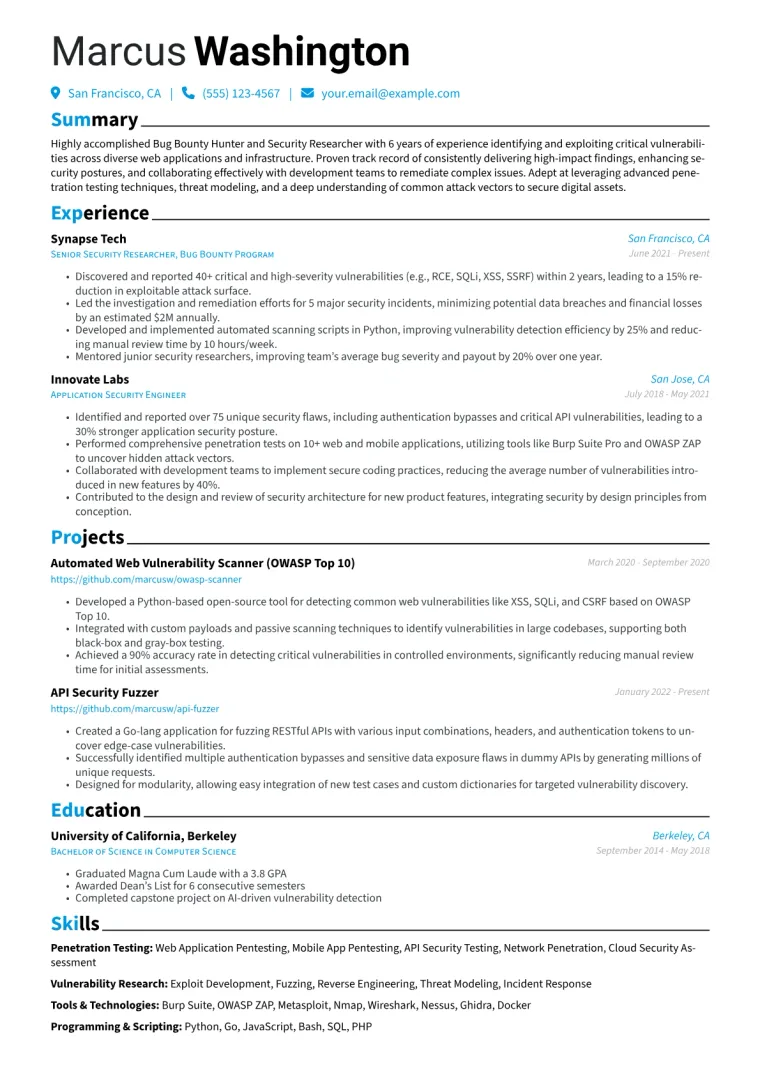 Bug Bounty Hunter Resume Example CV template preview