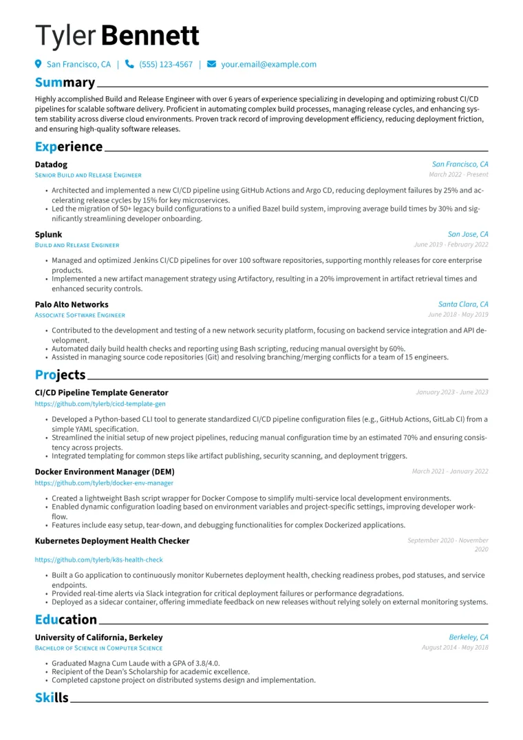 Build and Release Engineer Resume Example CV template preview