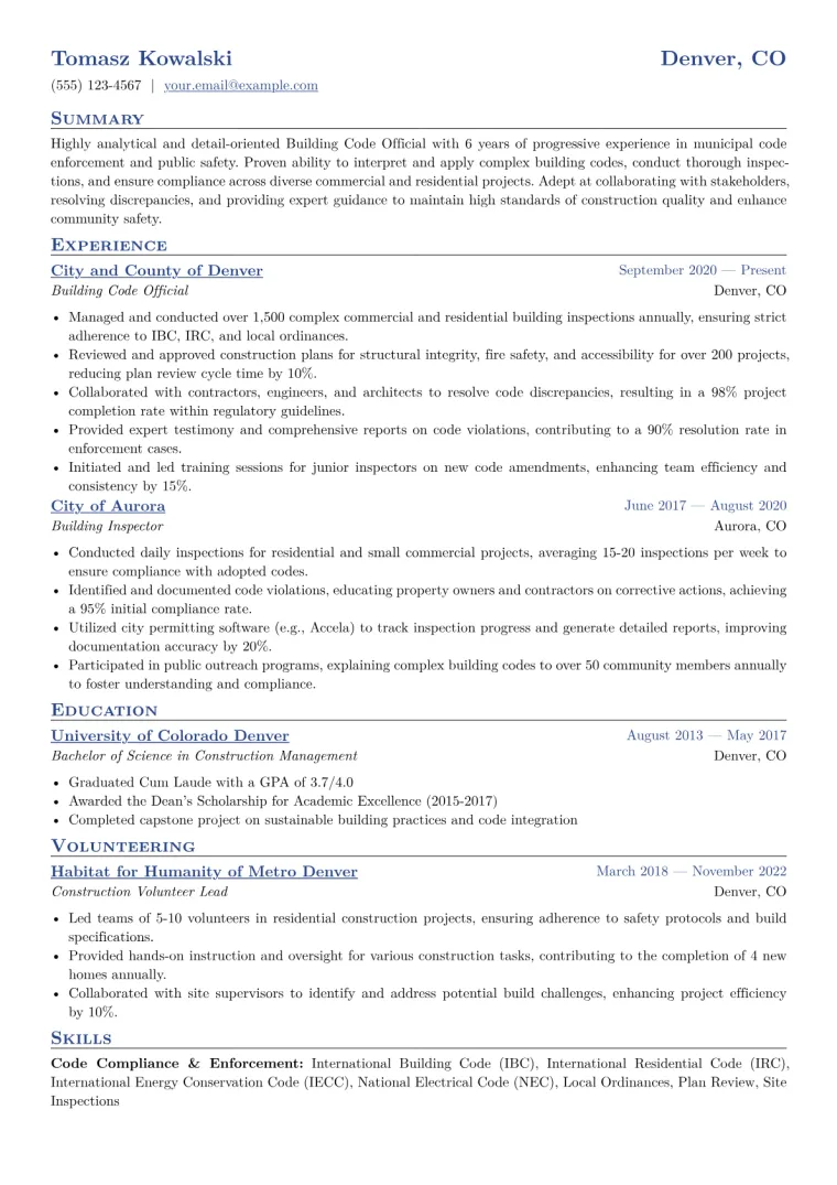 Building Code Official Resume Example CV template preview