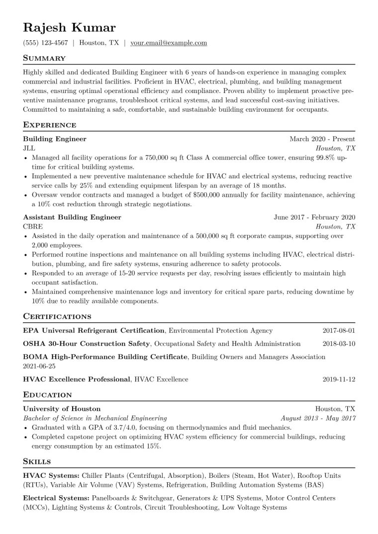Building Engineer Resume Example CV template preview