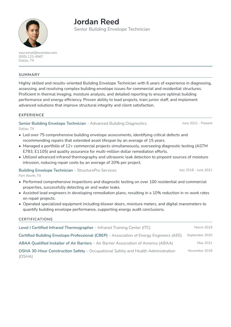 Building Envelope Technician Resume Example CV template preview