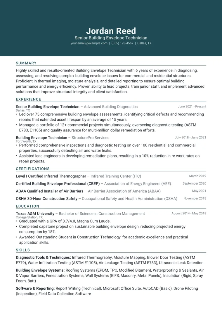 Building Envelope Technician Resume Example CV template preview