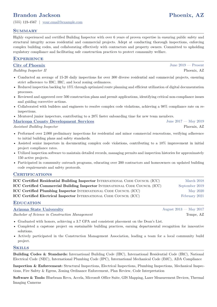 Building Inspector Resume Example