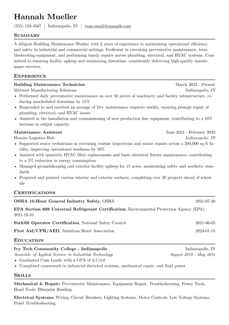 Building Maintenance Worker Resume Example CV template preview
