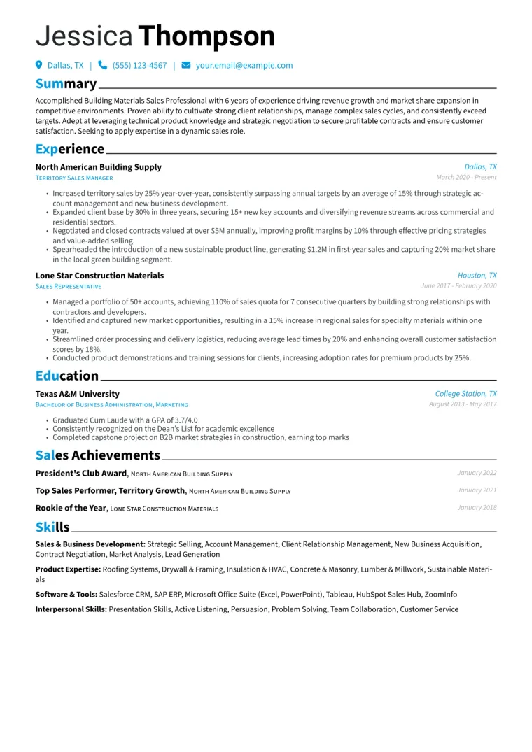 Building Materials Sales Resume Example CV template preview
