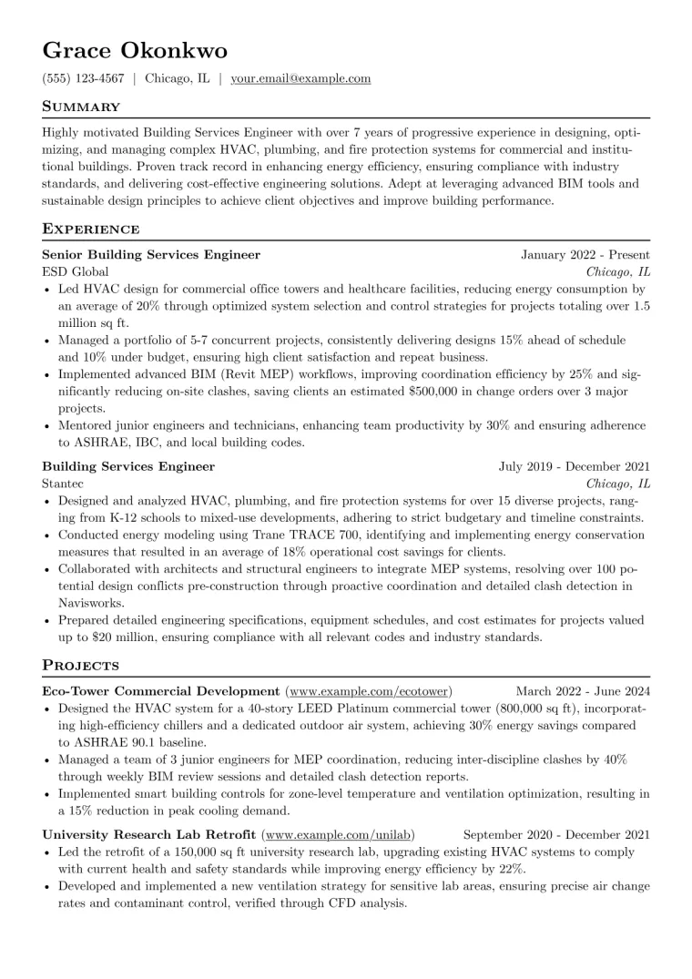 Building Services Engineer Resume Example CV template preview
