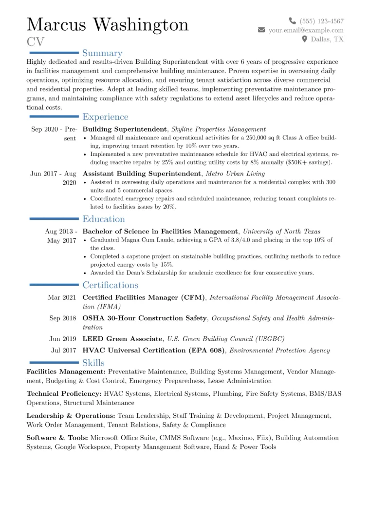 Building Superintendent Resume Example CV template preview