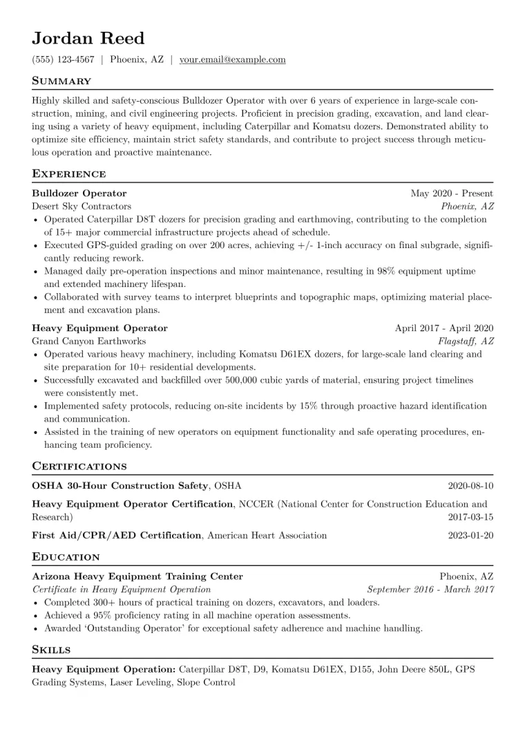 Bulldozer Operator Resume Example CV template preview